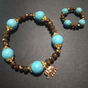Turquoise & Gold Glass Beads Bracelet & Ring Set